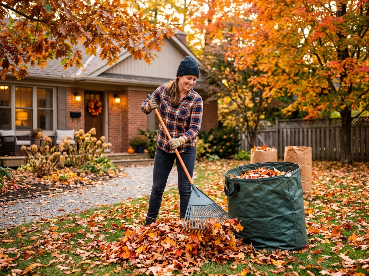 Person raking autumn leaves into a green yard-waste bag in front of a brick house